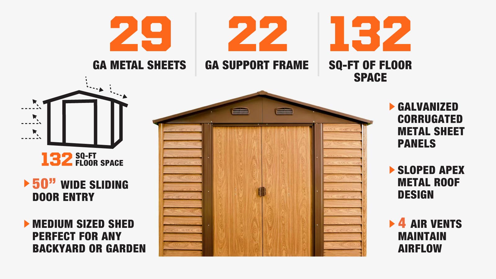 TMG Industrial 11' x 12' Abri de toit en métal galvanisé à grain de bois, porte coulissante de 50