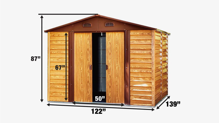 TMG Industrial 11' x 12' Abri de toit en métal galvanisé à grain de bois, porte coulissante de 50", métal ondulé 29 GA, hauteur de bord de 67", TMG-MS1112