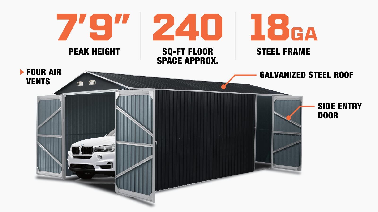 Abri de garage industriel en métal TMG 13' x 20' avec portes avant doubles, hauteur maximale de 7'9