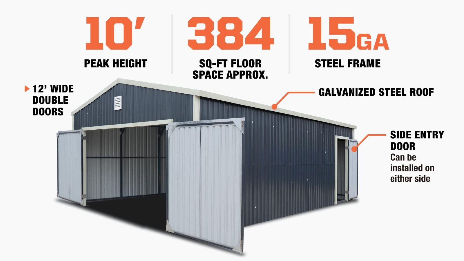 TMG Industrial 16’ x 24’ Metal Garage Shed with Double Front Doors, 10’ Peak Height, Side Entry Door, 384 Sq-Ft Floor Space, TMG-MS1624-description-image