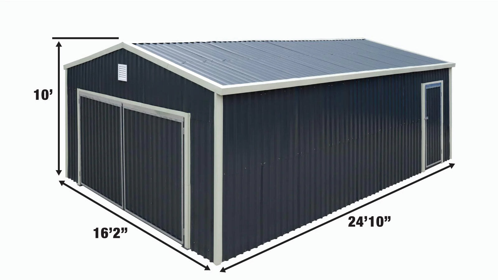 Abri de garage industriel en métal TMG 16 pi x 24 pi avec portes avant doubles, hauteur maximale de 10 pi, porte d'entrée latérale, surface au sol de 384 pieds carrés, TMG-MS1624-specifications-image