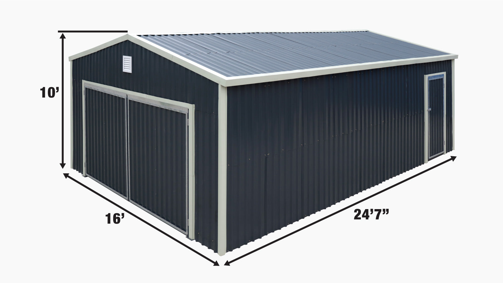 TMG Industrial 16’ x 24’ Metal Garage Shed with Double Front Doors, 10’ Peak Height, Side Entry Door, 384 Sq-Ft Floor Space, TMG-MS1624-specifications-image