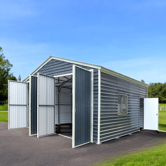 20' x 20' Metal Garage Shed Steel Building, 35 PSF Snow Load Rated, Two 8'4" Double Doors, Side Entry Door, 13' Peak Height, Engineering Drawing TMG-MSE2020-SR35