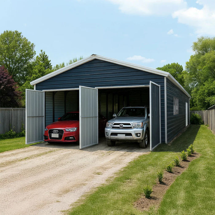 20' x 20' Metal Garage Shed Steel Building, 35 PSF Snow Load Rated, Two 8'4" Double Doors, Side Entry Door, 13' Peak Height, Engineering Drawing TMG-MSE2020-SR35