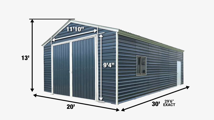 20' x 30' Metal Garage Shed, 11'10" Large Front Door, Side Entry, Window, 13' Peak Height TMG-MS2030D