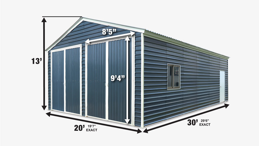 20' x 30' Metal Garage Shed, 9' High Double Front Doors, 13' Peak, 600 Sq-Ft TMG-MS2030