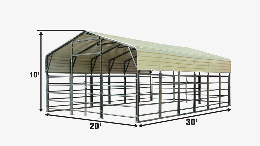 20' x 30' Livestock Corral Panel Metal Shed, 7' Sidewall Height, 5' Corral Panel Height, 600 Sq-Ft, 27 GA Corrugated Panels, TMG-MS2030LC