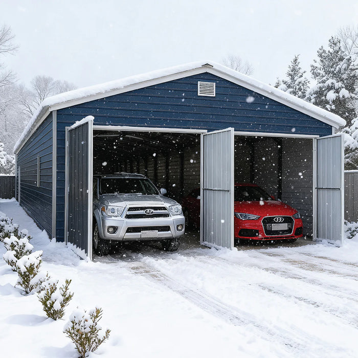 20' x 30' Metal Garage Shed Steel Building, 35 PSF Snow Load Rated, Two 8'4" Double Doors, Side Entry Door, 13' Peak Height, Engineering Drawing TMG-MSE2030-SR35