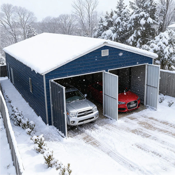 20' x 40' Metal Garage Shed Steel Building, 35 PSF Snow Load Rated, Two 8'4" Double Doors, Side Entry Door, 13' Peak Height, Engineering Drawing TMG-MSE2040-SR35