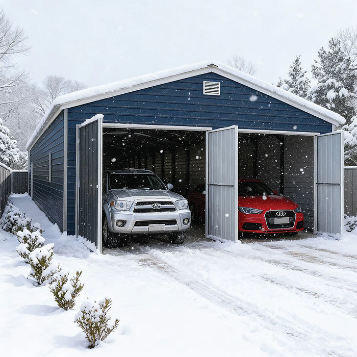 20' x 40' Metal Garage Shed Steel Building, 35 PSF Snow Load Rated, Two 8'4" Double Doors, Side Entry Door, 13' Peak Height, Engineering Drawing TMG-MSE2040-SR35