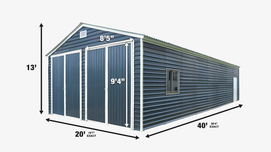 20' x 40' Metal Garage Shed, 9' High Double Front Doors, 13' Peak, 800 Sq-Ft TMG-MS2040