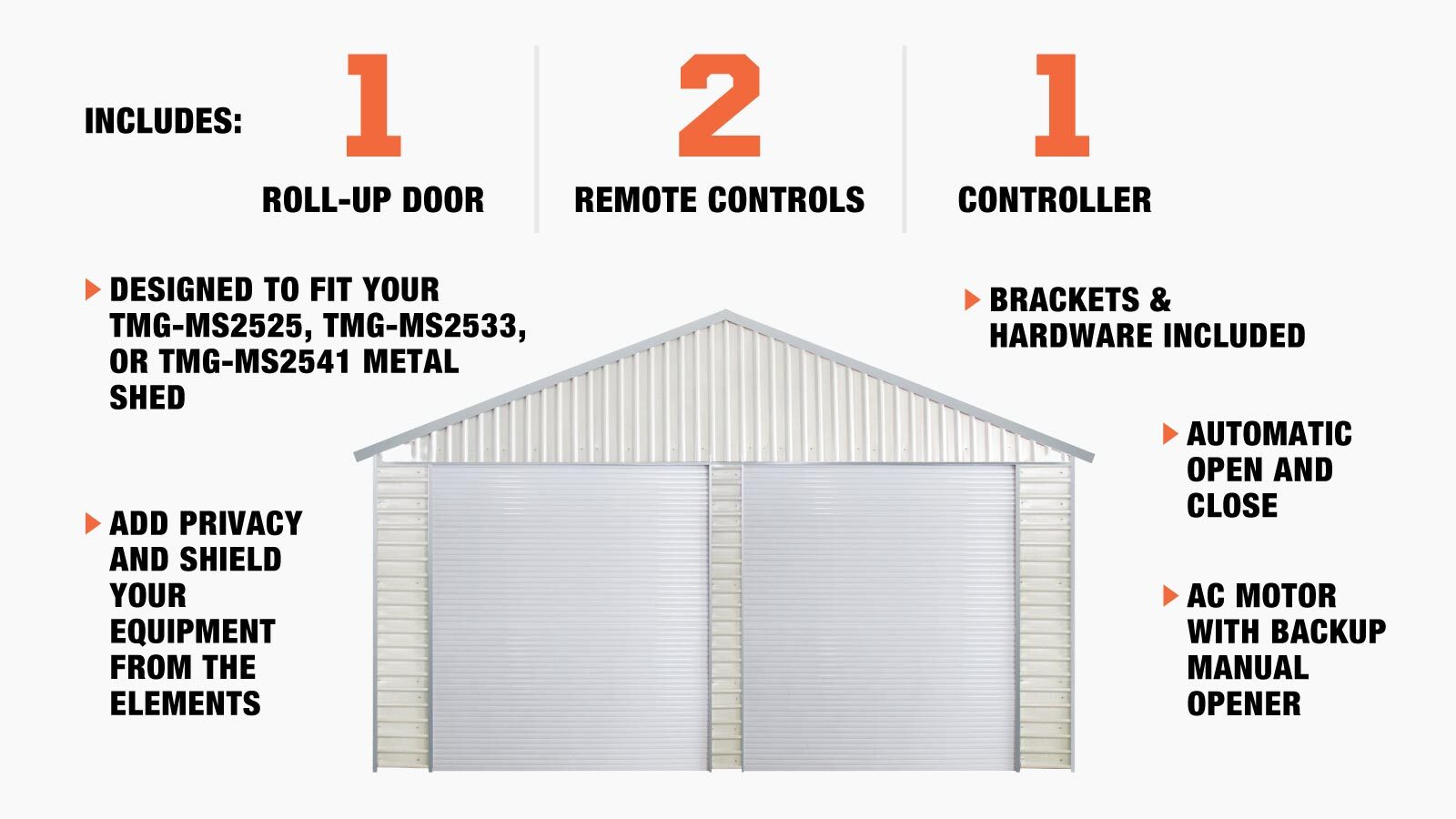 TMG Industrial Motorized Roll-Up Door Kit for TMG-MS25 Series Metal Barn Sheds, With Two Remote Controls, AC Motor, TMG-MS2500-RD101-description-image