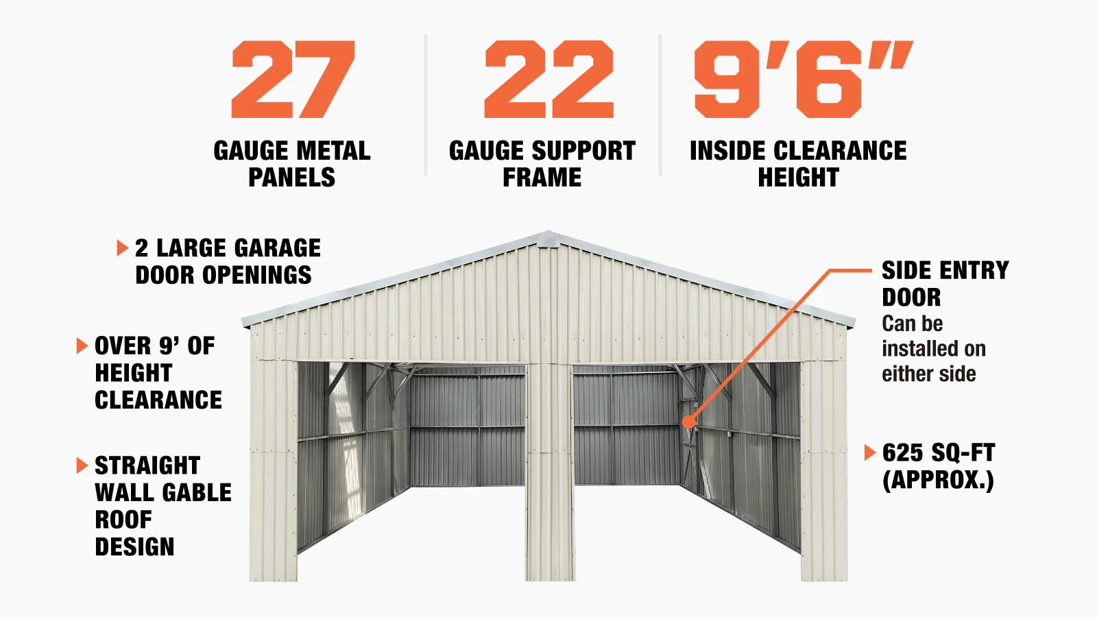 TMG Industrial 25’ x 25’ Double Garage Metal Barn Shed with Side Entry Door, 625 Sq-Ft Floor Space, 9’8” Eave Height, 27 GA Metal, Skylights, 3/12 Roof Pitch, TMG-MS2525-description-image