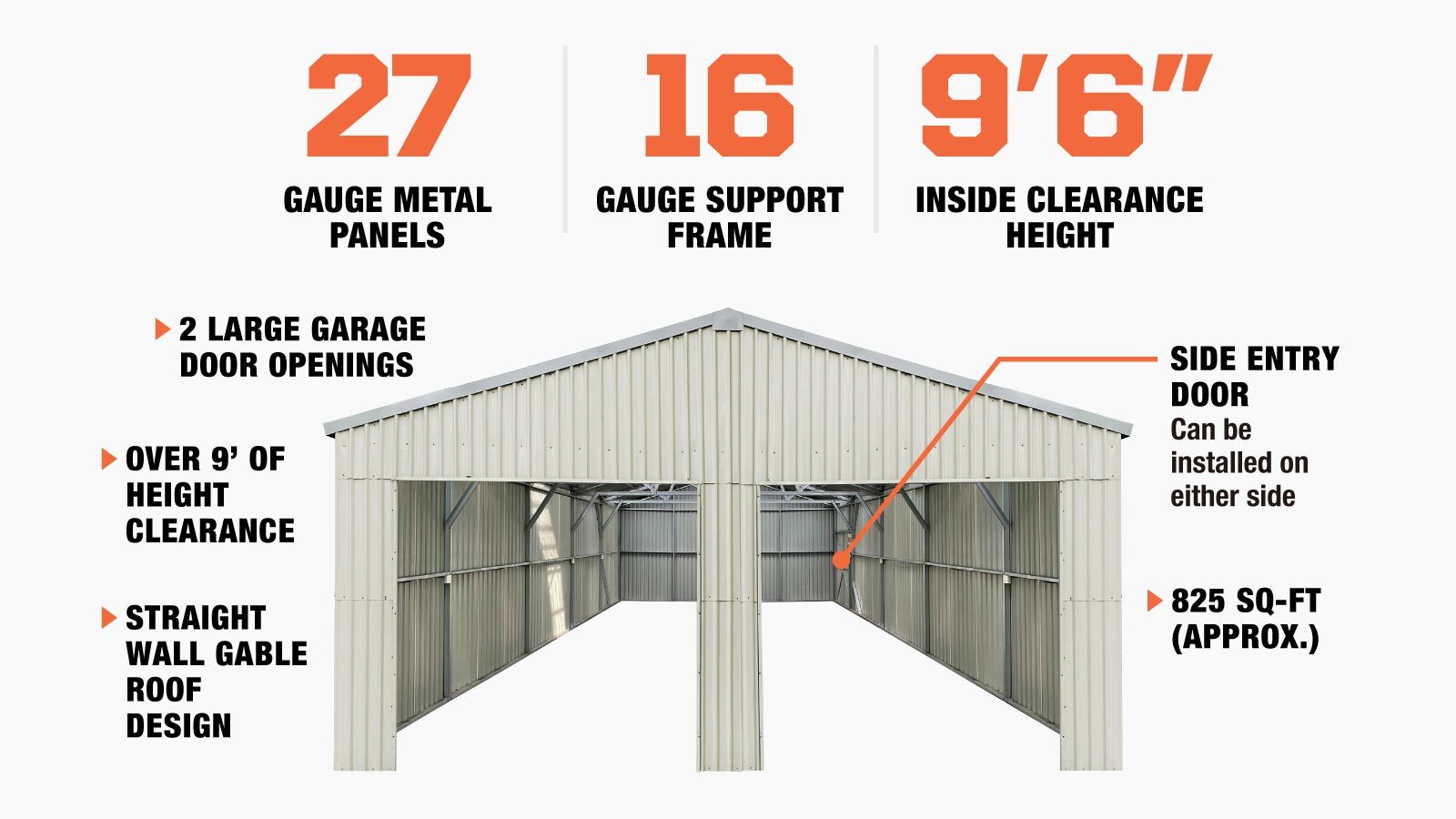 TMG Industrial 25' x 33' hangar métallique à double garage avec porte d'entrée latérale, 825 pi2 de surface de plancher, hauteur d'avant-toit de 9'8