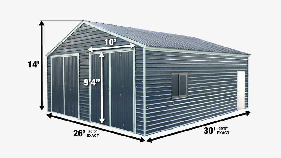 26' x 30' Metal Garage Shed, 9' High Double Front Doors, 14' Peak, 780 Sq-Ft TMG-MS2630