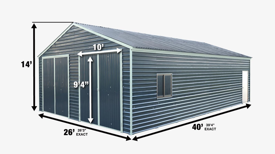 26' x 40' Metal Garage Shed, 9' High Double Front Doors, 14' Peak, 1040 Sq-Ft TMG-MS2640