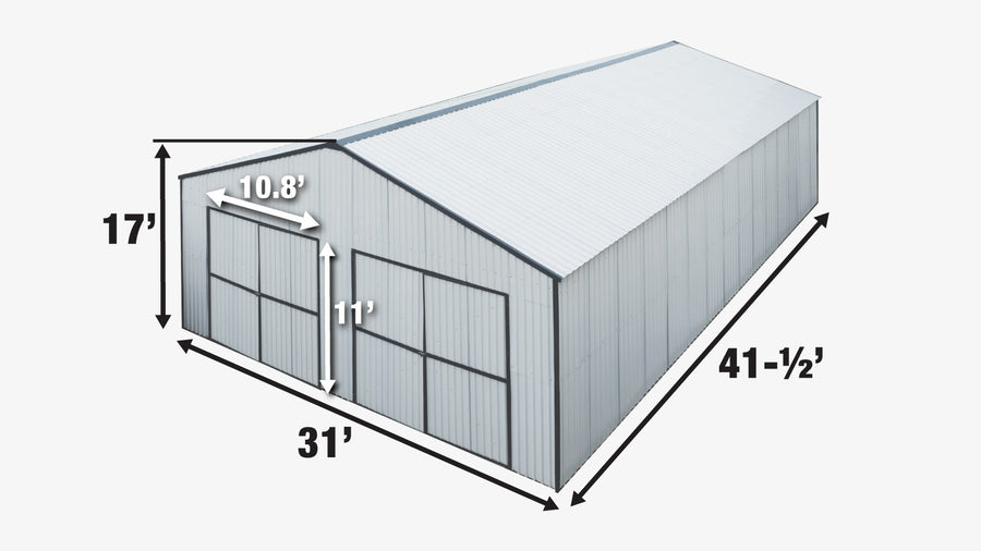 Abri de garage en métal 30' x 40', portes doubles avant de 11' de hauteur, faîte de 17', 1260 pi² TMG-MS3040