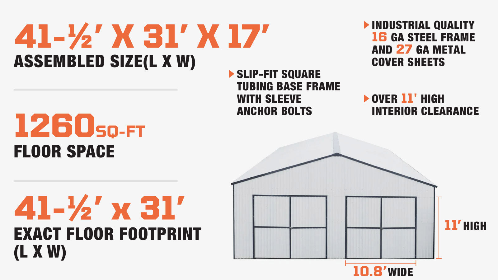 TMG Industrial 30’ x 40’ Metal Garage Shed with 11' High Double Front Doors, 17’ Peak Height, Side Entry Door, 1260 Sq-Ft Floor Space, TMG-MS3040-description-image