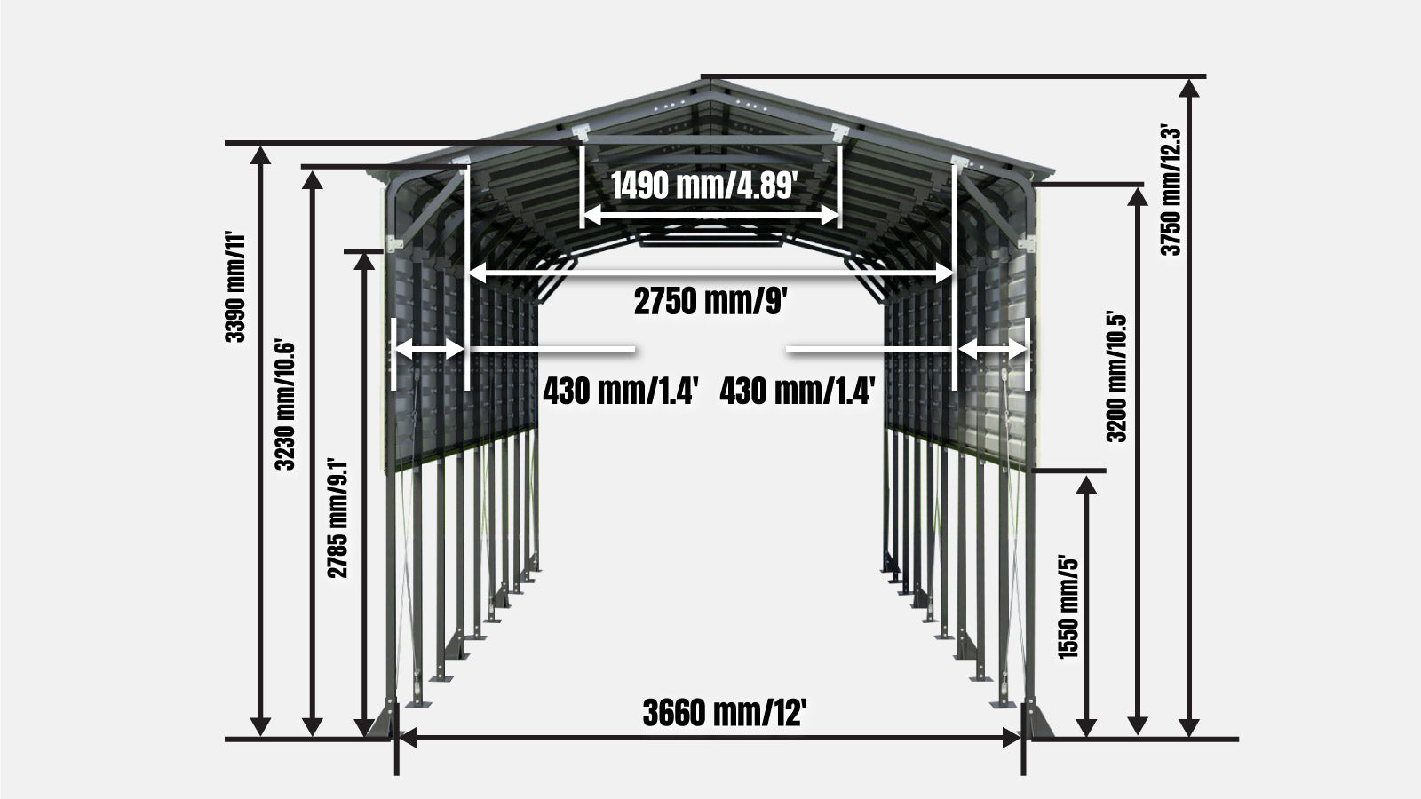 12' x 30' Metal Shed Boat Shelter, 12.3' Peak Height, 11' Clearance TMG-MSB1230-specifications-image