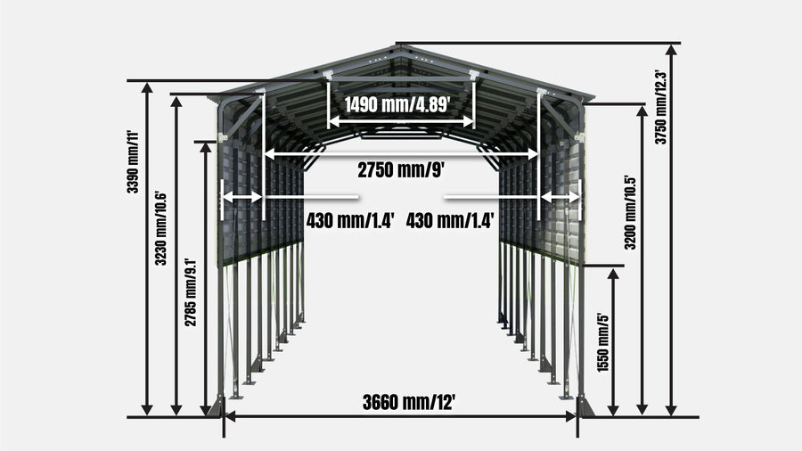 12' x 30' Metal Shed Boat Shelter, 12.3' Peak Height, 11' Clearance TMG-MSB1230