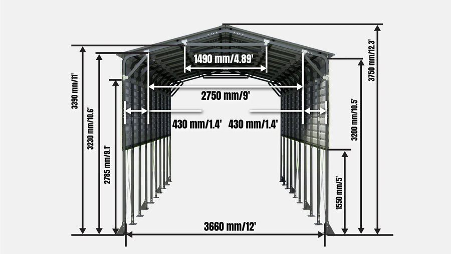12' x 40' Metal Shed Boat Shelter, 12.3' Peak Height, 11' Clearance TMG-MSB1240