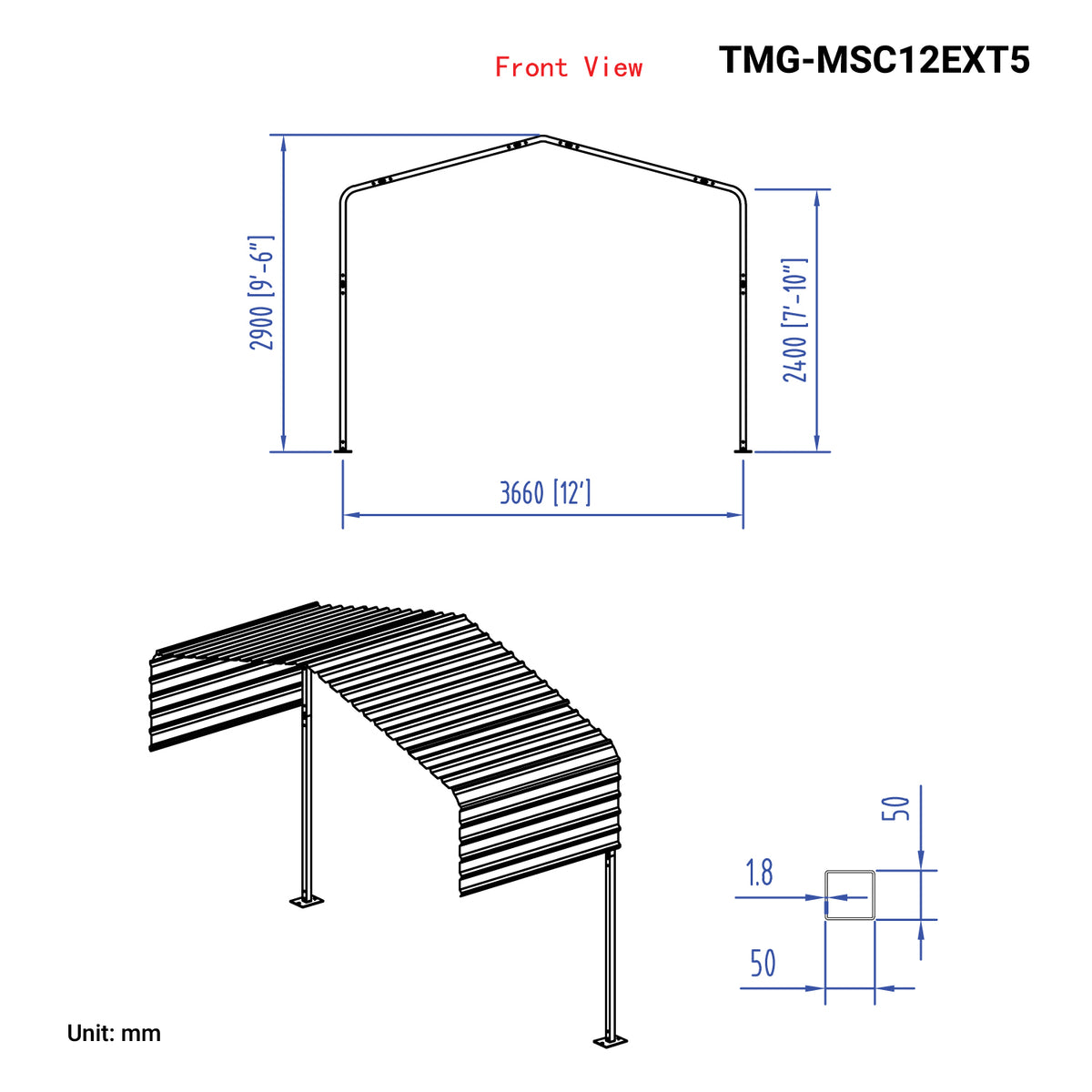 Kit d'extension de 5 pi pour abri d'auto en métal TMG-MSC1220, TMG-MSC12EXT5