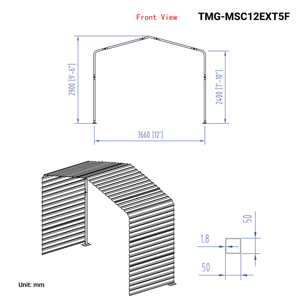 Kit d'extension de carport en métal de 5 pi avec parois latérales pour TMG-MSC1220F, TMG-MSC12EXT5F