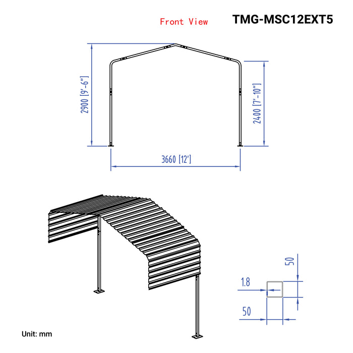 Kit d'extension de 5 pi pour abri d'auto en métal TMG-MSC1220, TMG-MSC12EXT5