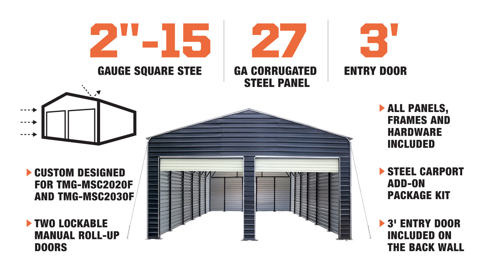 TMG Industrial Metal Shed Carport Add-On Package Kit For TMG-MSC2020F And TMG-MSC2030F , Front Wall w/Roll Up Doors & Back Wall, TMG-MSC20-RD12-description-image