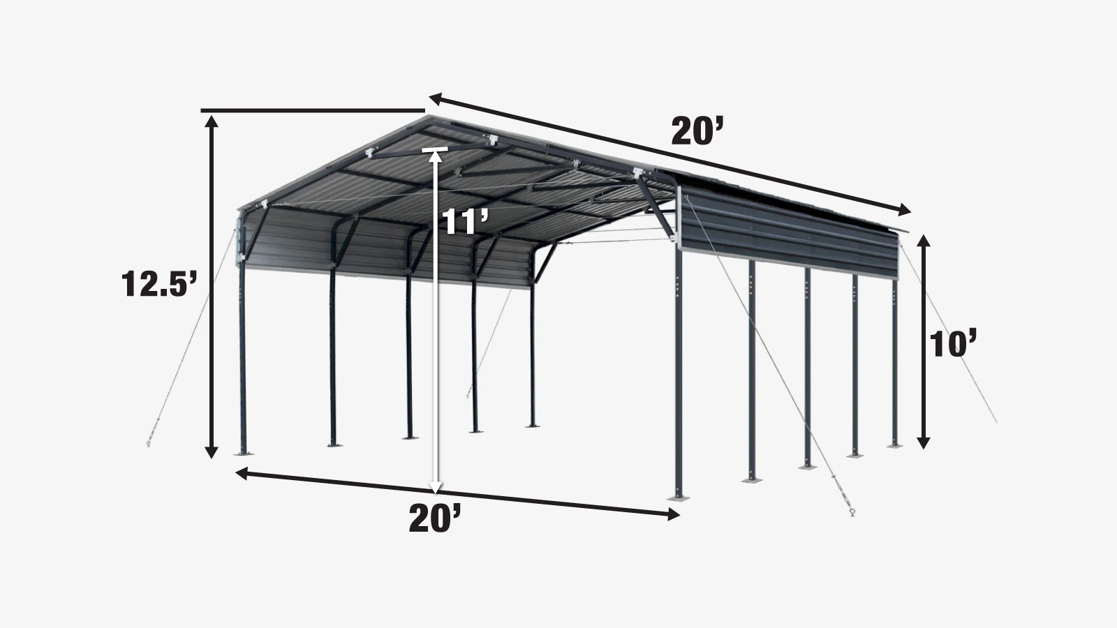 TMG Industrial Abri Carport 20' x 20' en métal, murs latéraux ouverts de 10', 400 pi2, panneaux ondulés 27 GA, TMG-MSC2020-specifications-image