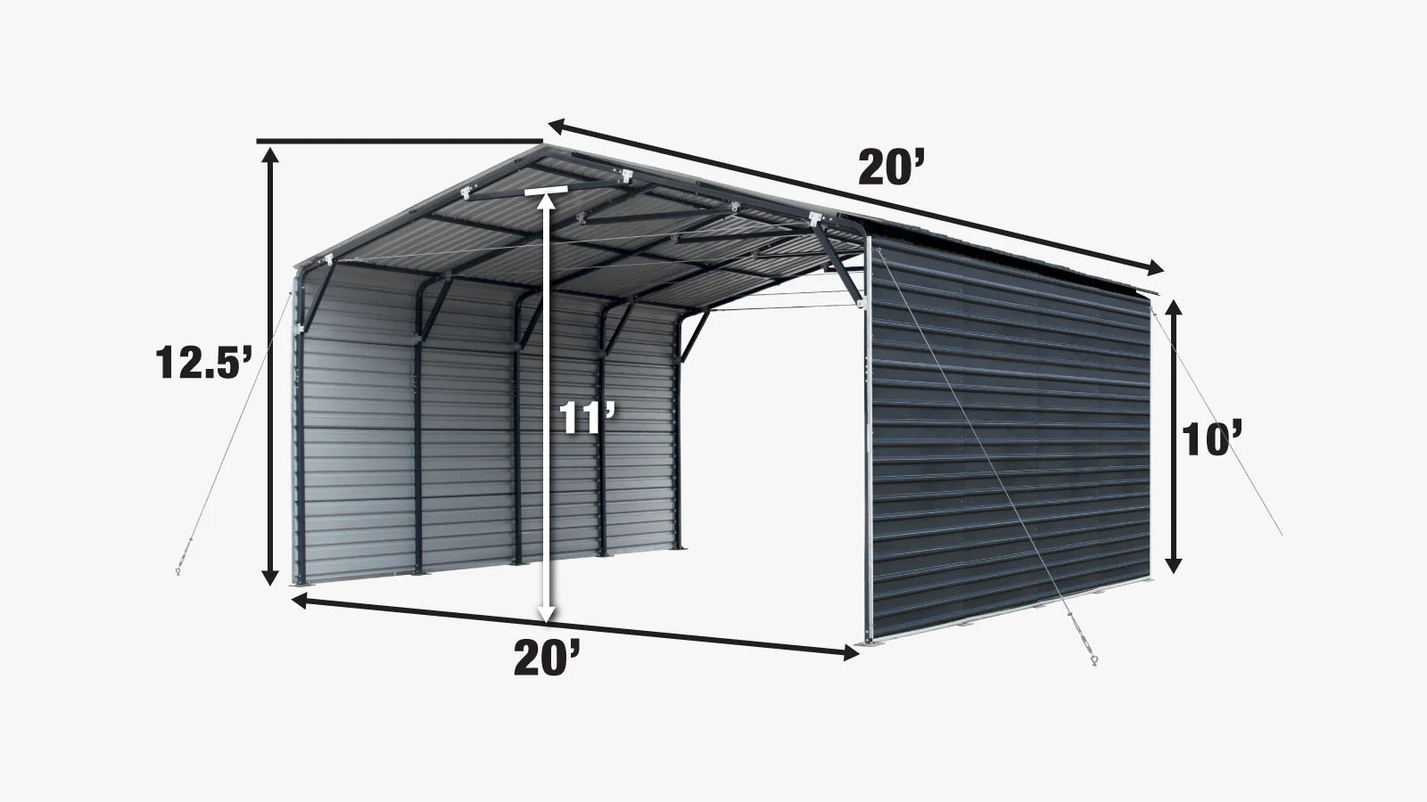 TMG Industrial Abri Carport 20' x 20' en métal, murs latéraux fermés de 10', 400 pi2, panneaux ondulés 27 GA, TMG-MSC2020F-specifications-image