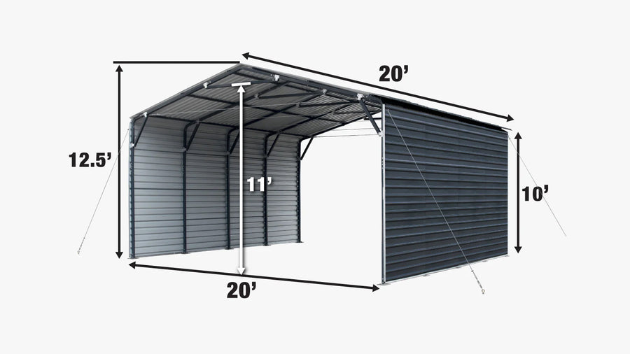 20' x 20' Metal Shed Carport, 10' Enclosed Sidewalls, 400 Sq-Ft, 27 GA Corrugated Panels TMG-MSC2020F