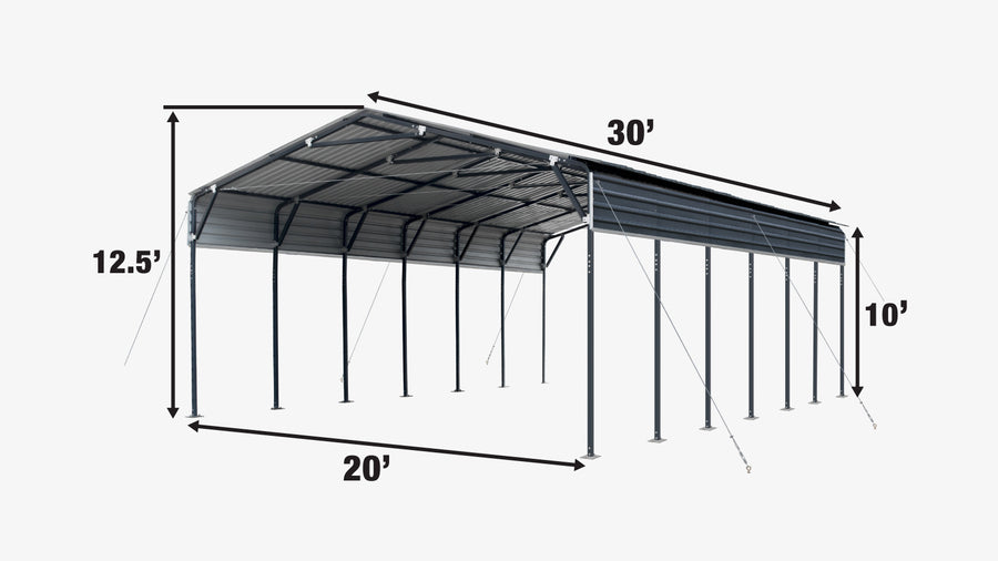 20' x 30' Metal Shed Carport, 10' Open Sidewalls, 600 Sq-Ft, 27 GA Corrugated Panels, TMG-MSC2030