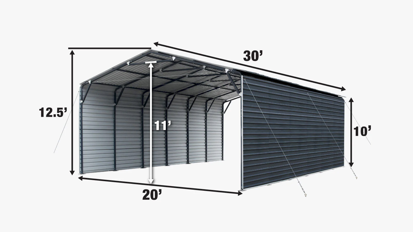 TMG Industrial Abri Carport 20' x 30' en métal, murs latéraux fermés de 10', 600 pi2, panneaux ondulés 27 GA, TMG-MSC2030F-specifications-image