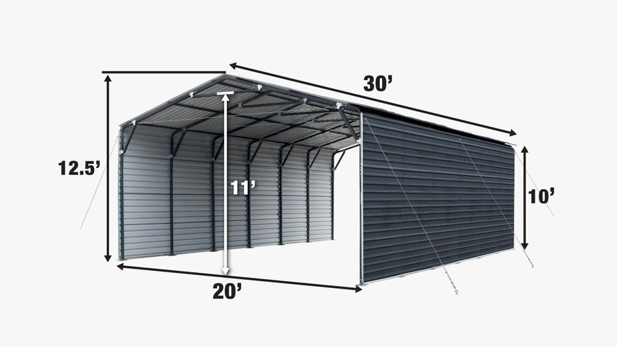 20' x 30' Metal Shed Carport, 10' Enclosed Sidewalls, 600 Sq-Ft, 27 GA Corrugated Panels, TMG-MSC2030F