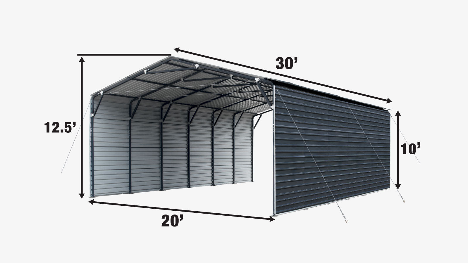 TMG Industrial 20’ x 30’ Metal Shed Carport, 10’ Enclosed Sidewalls, 600 Sq-Ft, 27 GA Corrugated Panels, TMG-MSC2030F-specifications-image