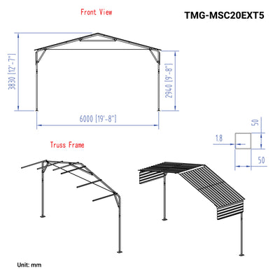Kit d'extension modulaire de carport en métal de 5 pi pour TMG-MSC2020 et TMG-MSC2030, TMG-MSC20EXT5
