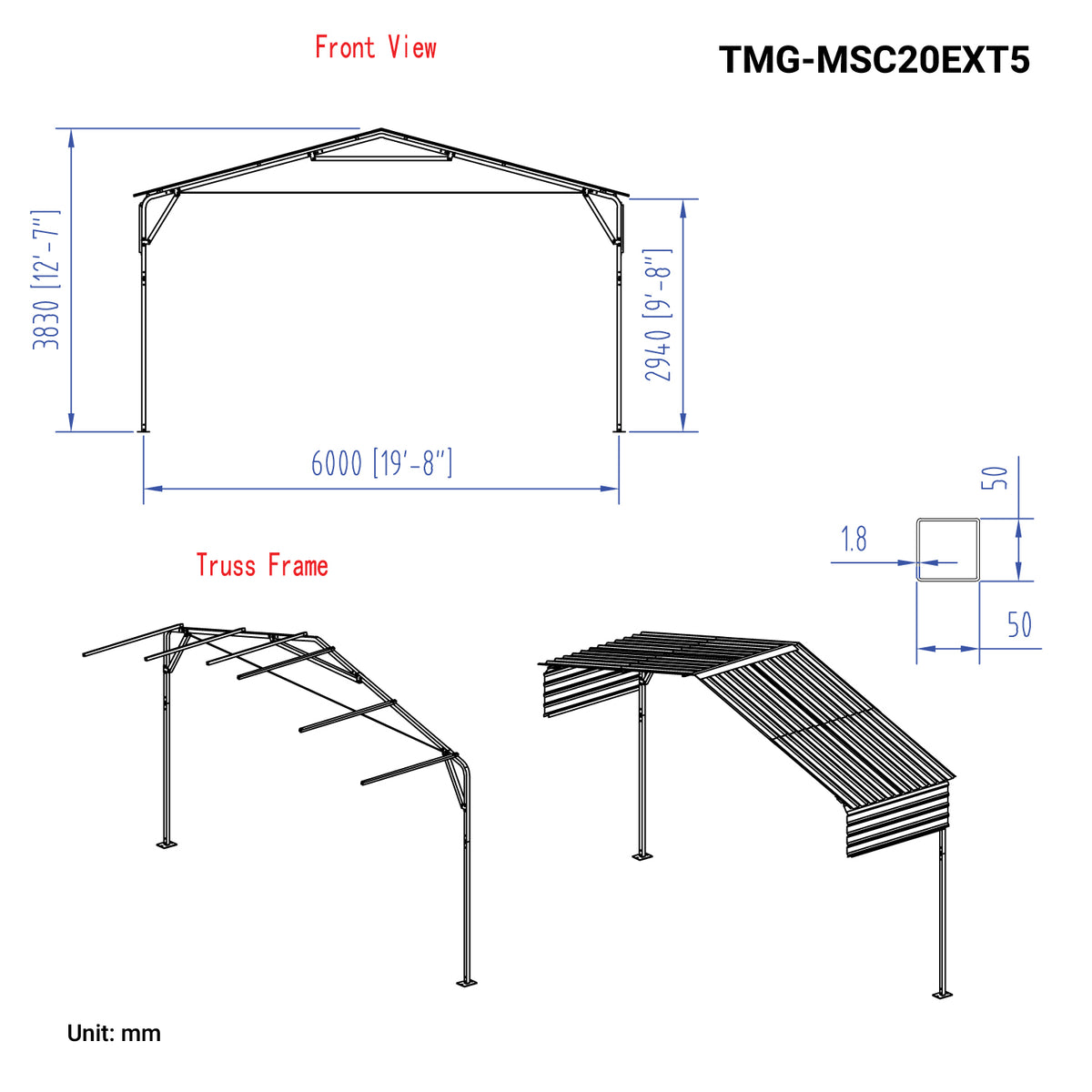 Kit d'extension de 5 pieds pour abri d'auto en métal TMG-MSC2020 et TMG-MSC2030, TMG-MSC20EXT5