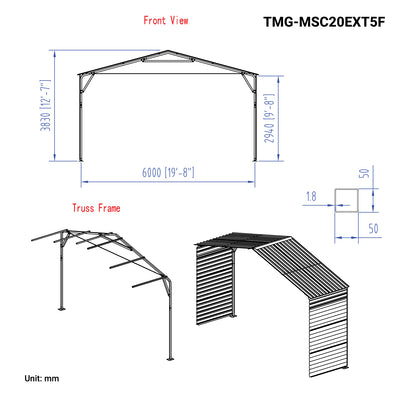 Kit d'extension modulaire pour abri d'auto en métal de 5 pi avec parois latérales pour TMG-MSC2020F et TMG-MSC2030F, TMG-MSC20EXT5F