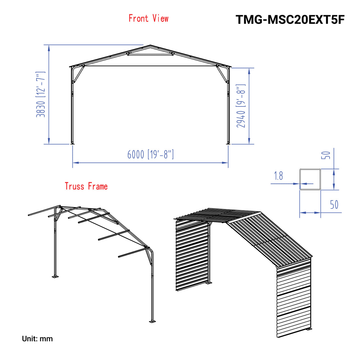 Kit d'extension de carport métallique de 5 pi avec parois latérales pour TMG-MSC2020F et TMG-MSC2030F, TMG-MSC20EXT5F