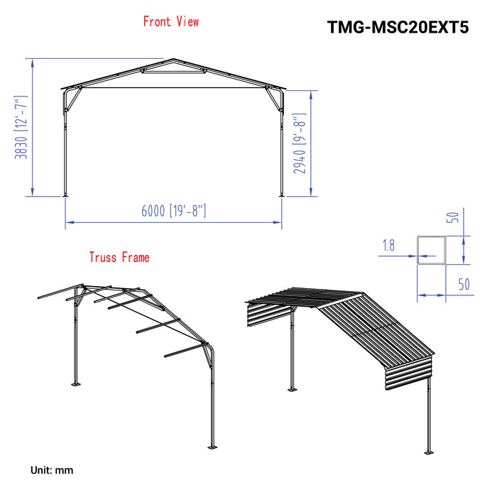 Kit d'extension de 5 pieds pour abri d'auto en métal TMG-MSC2020 et TMG-MSC2030, TMG-MSC20EXT5