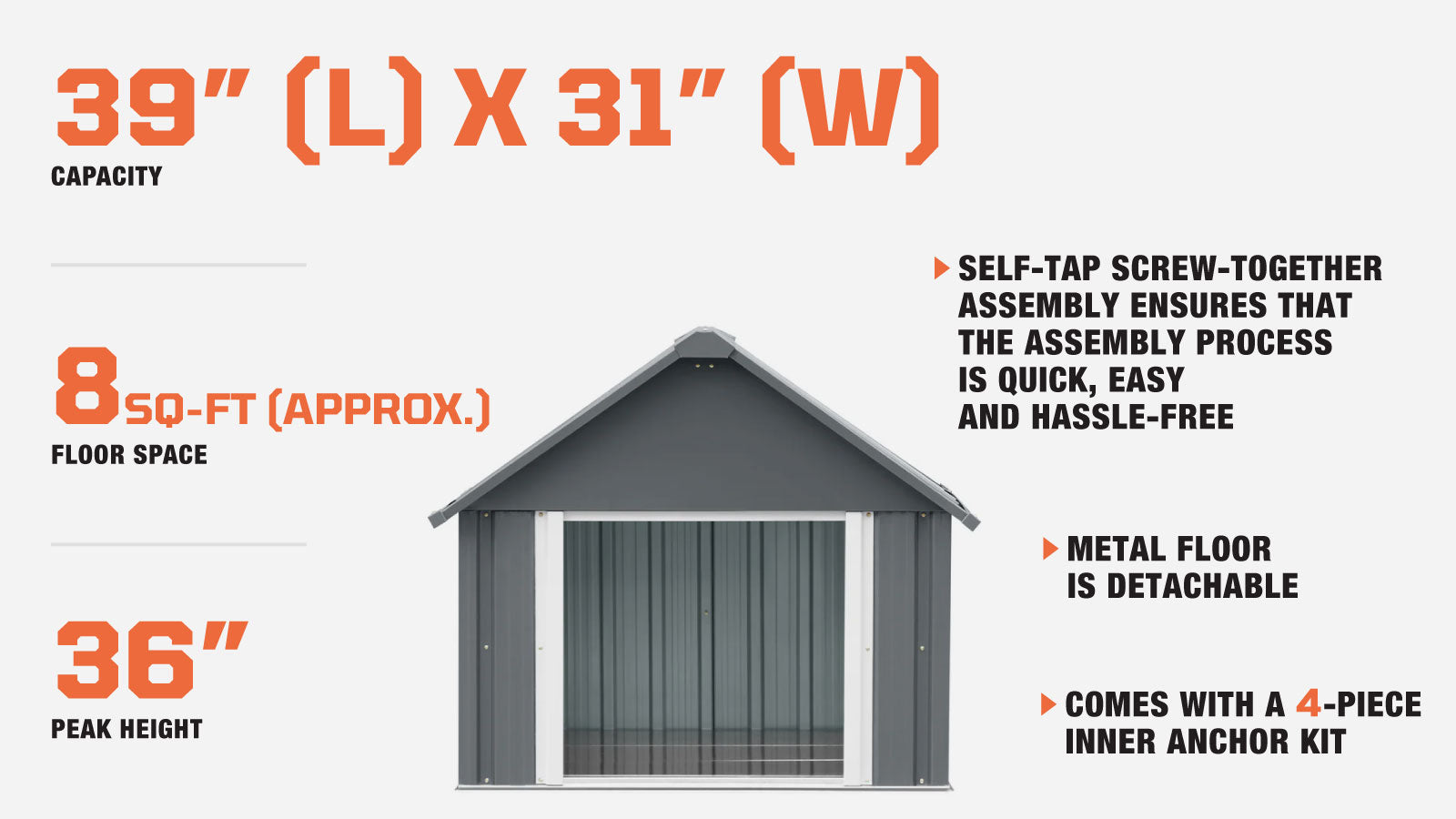 TMG Industrial Outdoor Metal Dog House, Detachable Metal Floor, Apex Roof Design, Approx. 8 Sq-Ft Floor Space, TMG-MSD42-description-image