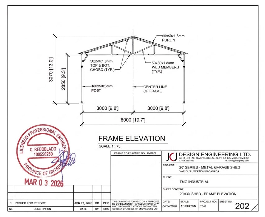 20' x 30' Metal Garage Shed Steel Building, 35 PSF Snow Load Rated, Two 8'4" Double Doors, Side Entry Door, 13' Peak Height, Engineering Drawing TMG-MSE2030-SR35