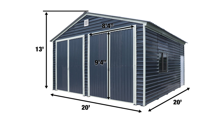 Garage abri métallique 20' x 20' en acier, résistance à la charge de neige de 35 PSF, deux portes doubles de 8'4", porte d'entrée latérale, hauteur de faîte de 13', plan d'ingénierie TMG-MSE2020-SR35