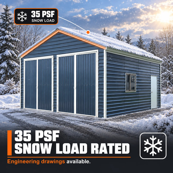 Garage abri métallique 20' x 20' en acier, résistance à la charge de neige de 35 PSF, deux portes doubles de 8'4", porte d'entrée latérale, hauteur de faîte de 13', plan d'ingénierie TMG-MSE2020-SR35