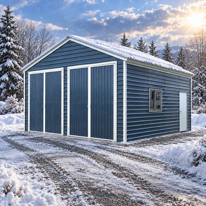 Garage abri métallique 20' x 20' en acier, résistance à la charge de neige de 35 PSF, deux portes doubles de 8'4", porte d'entrée latérale, hauteur de faîte de 13', plan d'ingénierie TMG-MSE2020-SR35