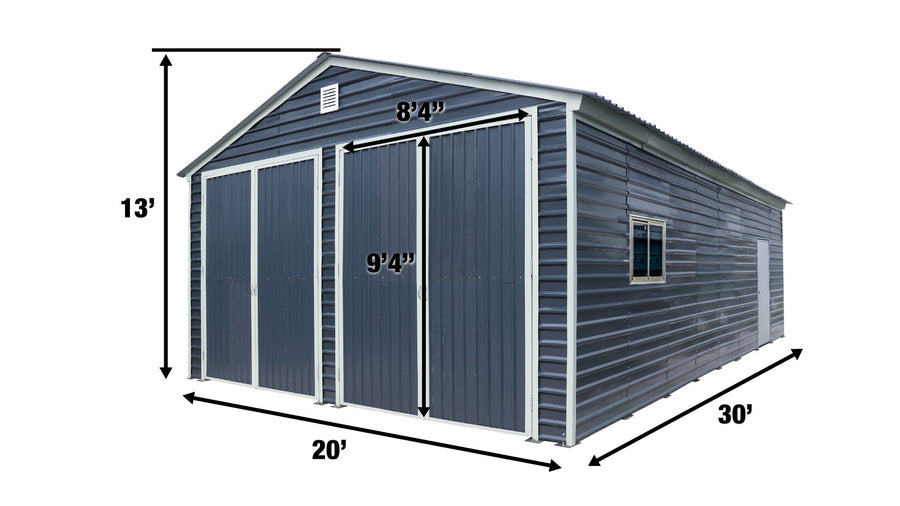 20' x 30' Metal Garage Shed Steel Building, 35 PSF Snow Load Rated, Two 8'4" Double Doors, Side Entry Door, 13' Peak Height, Engineering Drawing TMG-MSE2030-SR35