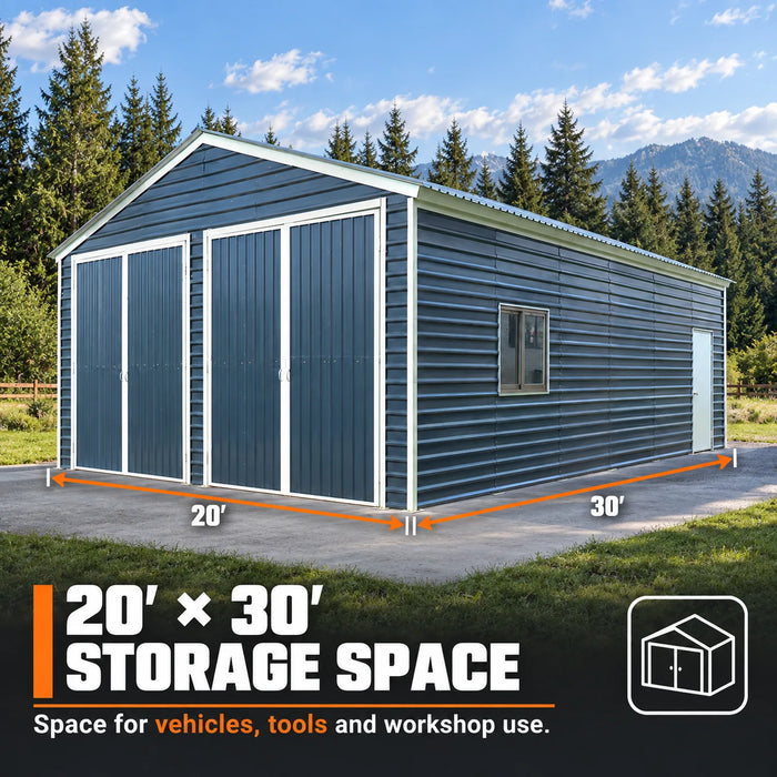 20' x 30' Metal Garage Shed Steel Building, 35 PSF Snow Load Rated, Two 8'4" Double Doors, Side Entry Door, 13' Peak Height, Engineering Drawing TMG-MSE2030-SR35
