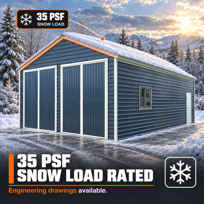 20' x 30' Metal Garage Shed Steel Building, 35 PSF Snow Load Rated, Two 8'4" Double Doors, Side Entry Door, 13' Peak Height, Engineering Drawing TMG-MSE2030-SR35