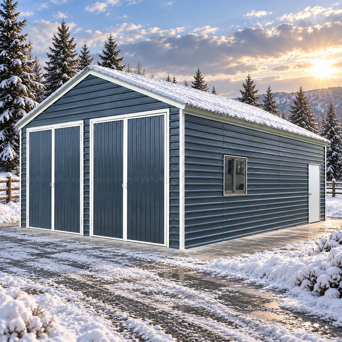 20' x 30' Metal Garage Shed Steel Building, 35 PSF Snow Load Rated, Two 8'4" Double Doors, Side Entry Door, 13' Peak Height, Engineering Drawing TMG-MSE2030-SR35